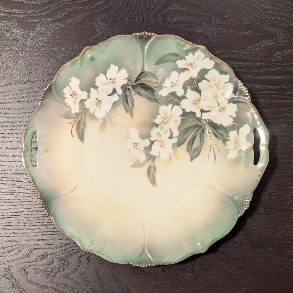 Antique RS Prussia Cake Platter, Dogwood Flowers & Gold Details, Sage Green